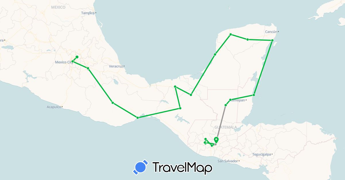 TravelMap itinerary: bus, plane in Belize, Guatemala, Mexico (North America)